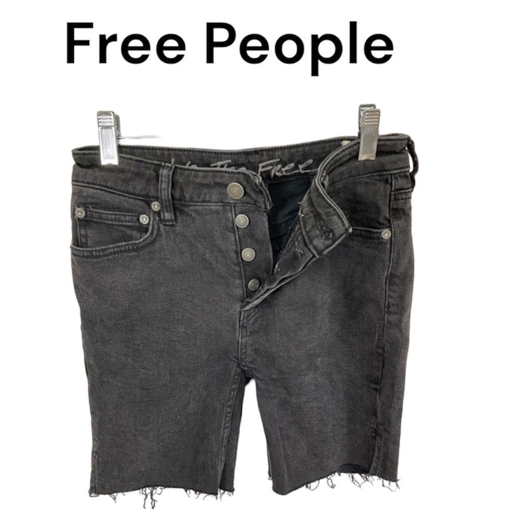 Free People Button-Fly Raw Hem 7" Jean Bermuda Shorts in Ash Black 24